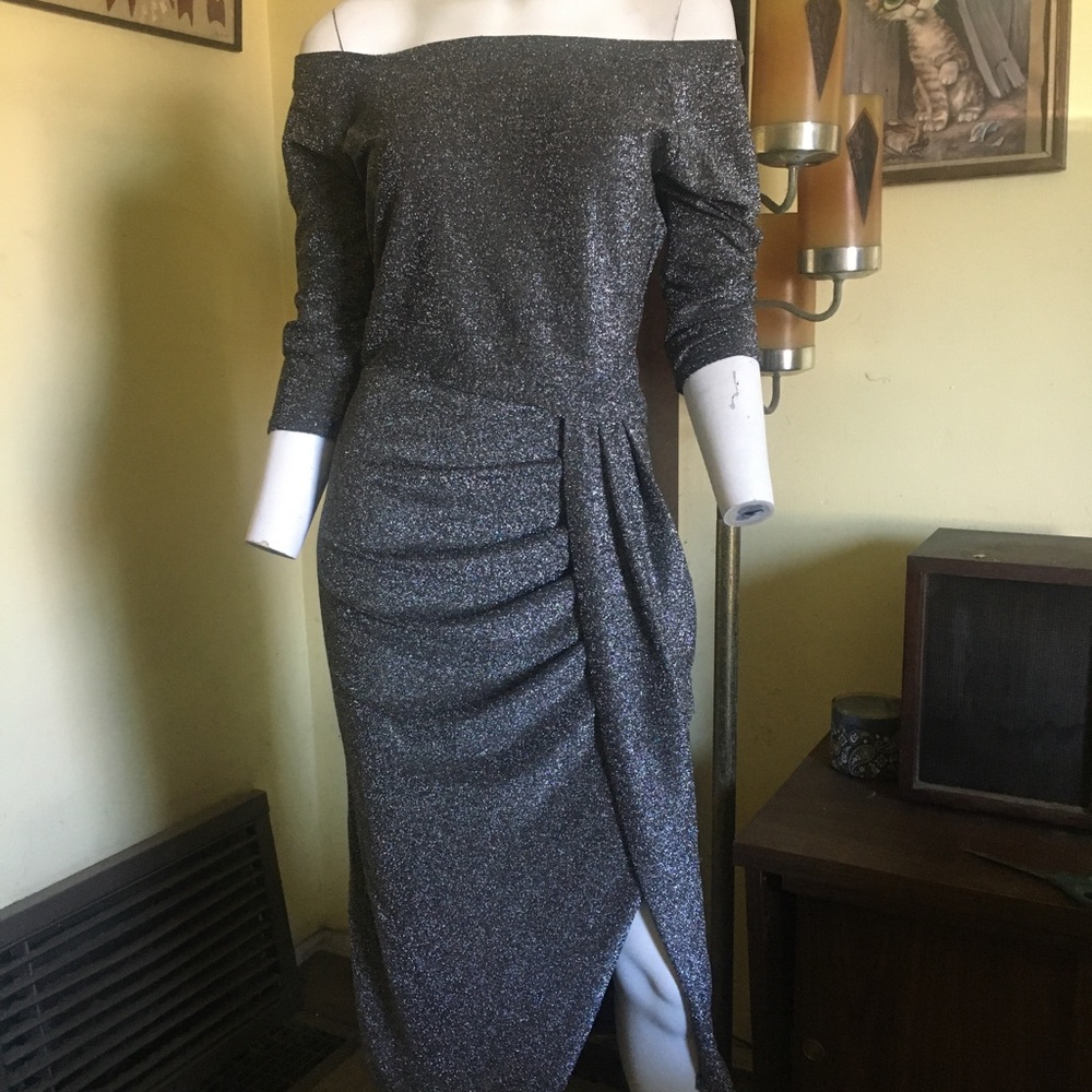 Vintage ladies silver glitter sparkle glamour prom evening party dress gown